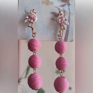 NWT Paradise Shores Earrings Flamingos enamel Pink crystals raffia balls pierced